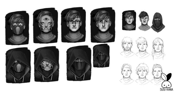 Concept art study for a hacker with a sinister mask