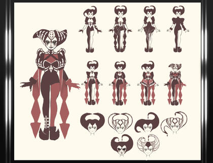 Concept art for a Jester-like character called "Dama da Escuridão"